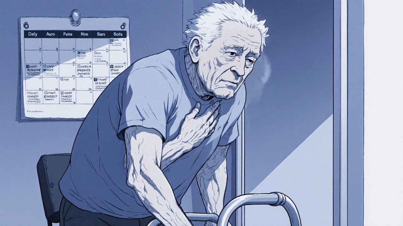 A person struggling to stand from a chair, gripping a walker, showing stiffness in their posture.