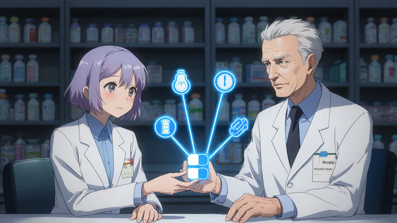 A pharmacist and senior holding a combination pill, with medical icons glowing around it.