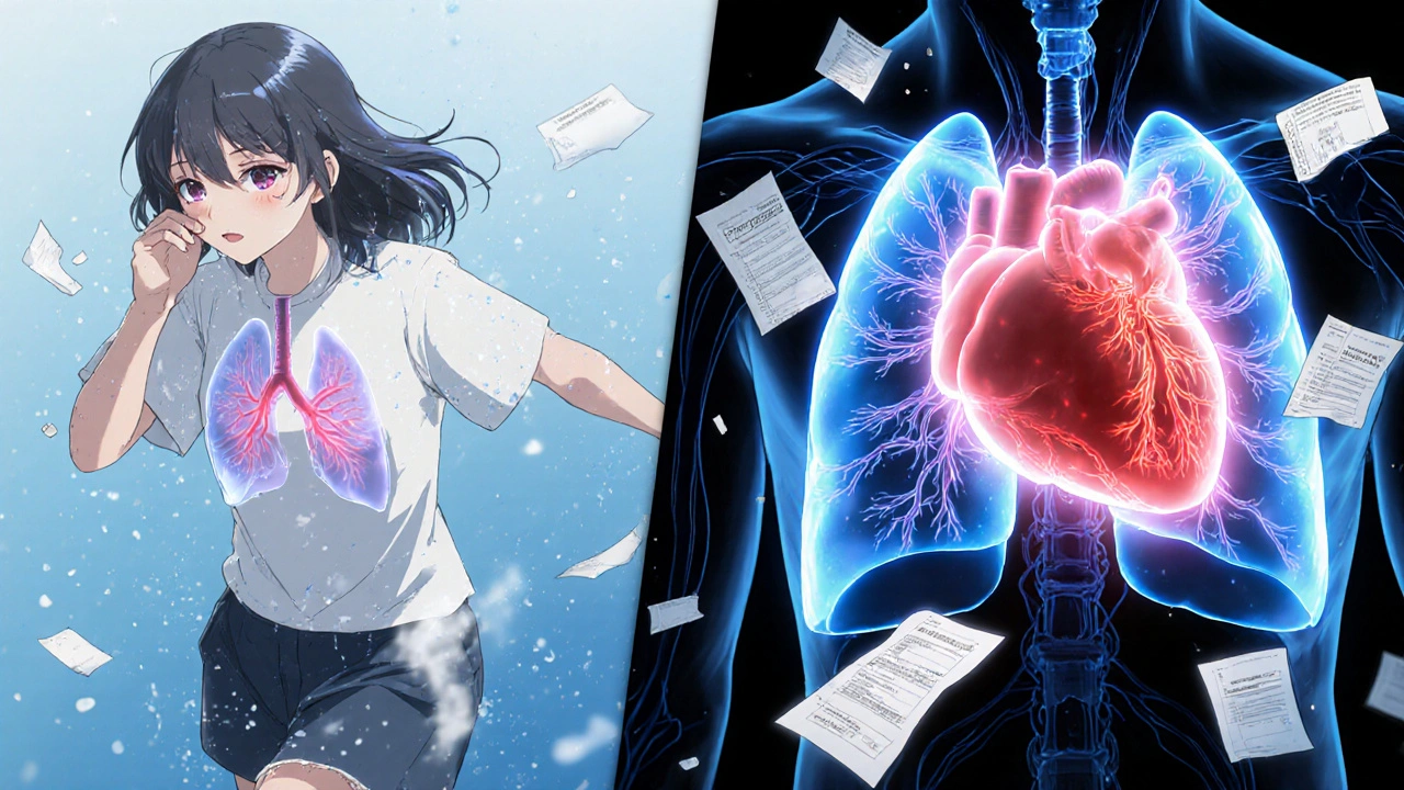 A woman struggles to walk while surreal images of blocked lungs and a failing heart float around her.
