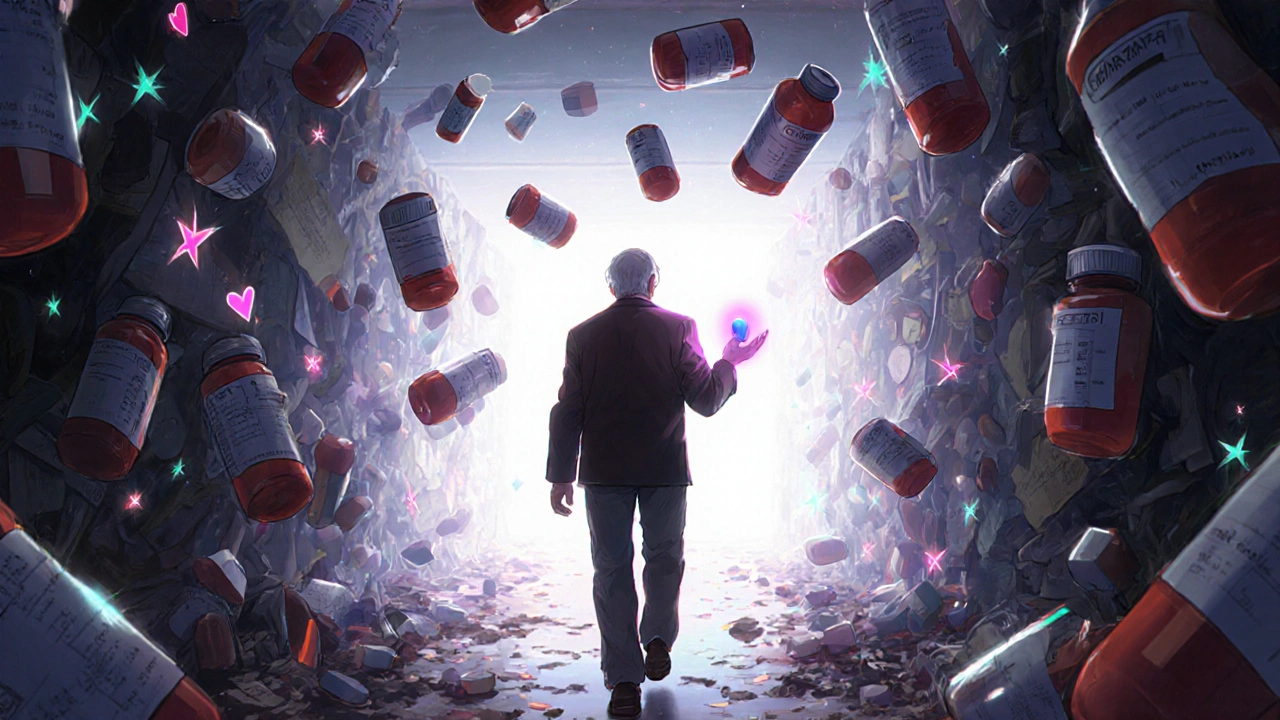 An older man walking past shattering pill bottles, holding one glowing pill as light fills the path.