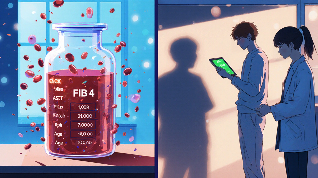 Blood test data forming a FIB-4 calculator interface, with a patient viewing a low-risk result as a shadow of liver damage fades.
