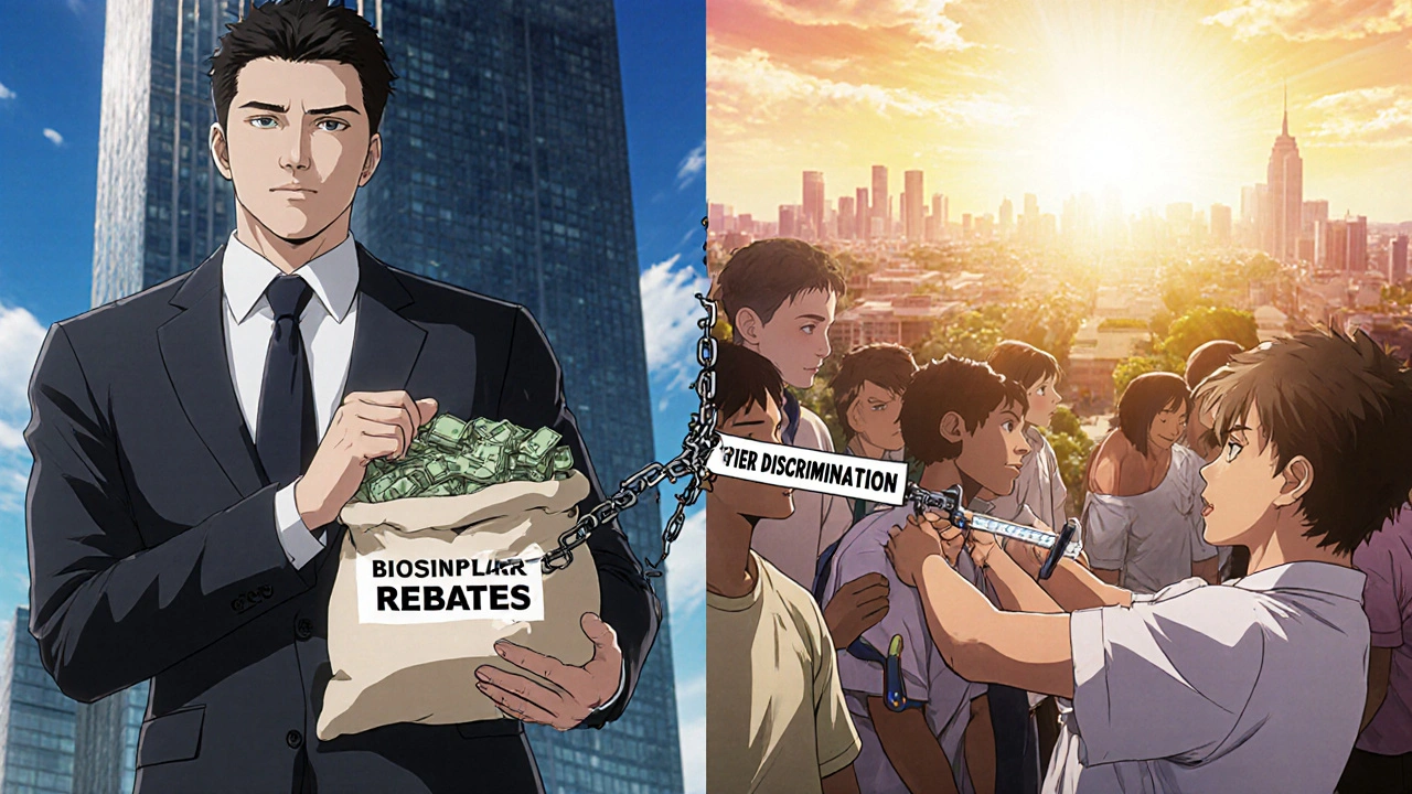 Corporate executive holds rebates as patients receive affordable biosimilars under sunlight.