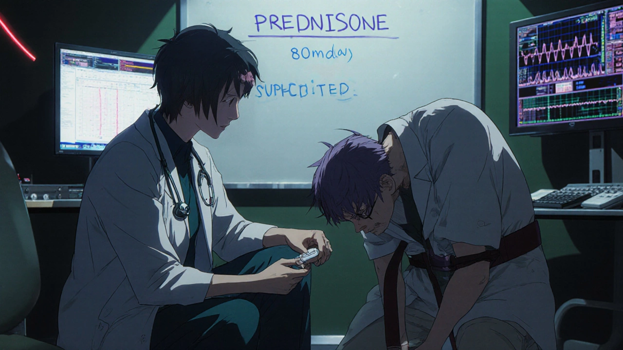 Doctor administering low-dose antipsychotic to a restrained patient with steroid-induced psychosis.