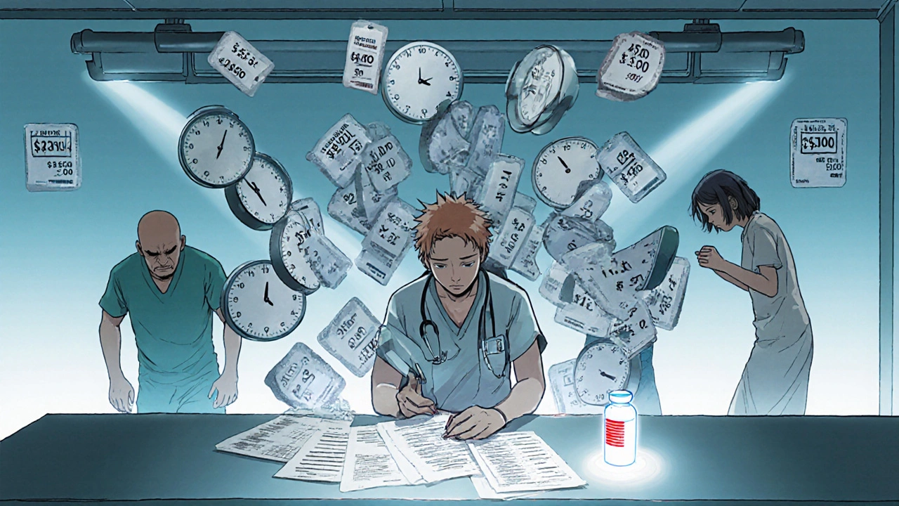 Doctor overwhelmed by prior authorization forms as patients suffer in background.