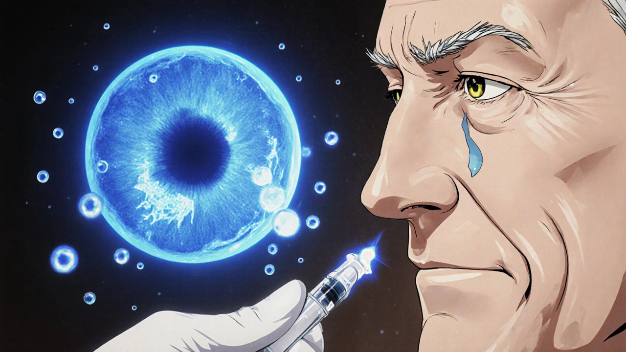 Elderly man receiving anti-VEGF injection with OCT scan visualizing fluid dissolving.