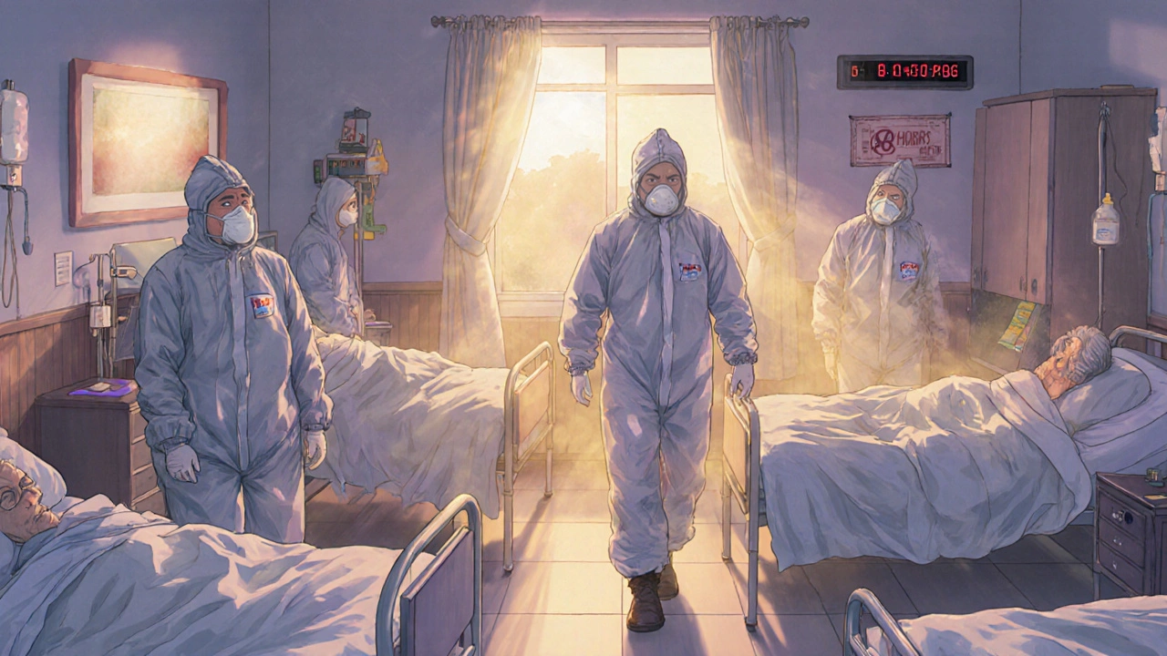 Elderly patients receiving IV hydration in a quarantine room, staff in hazmat suits move quietly under bleach mist.