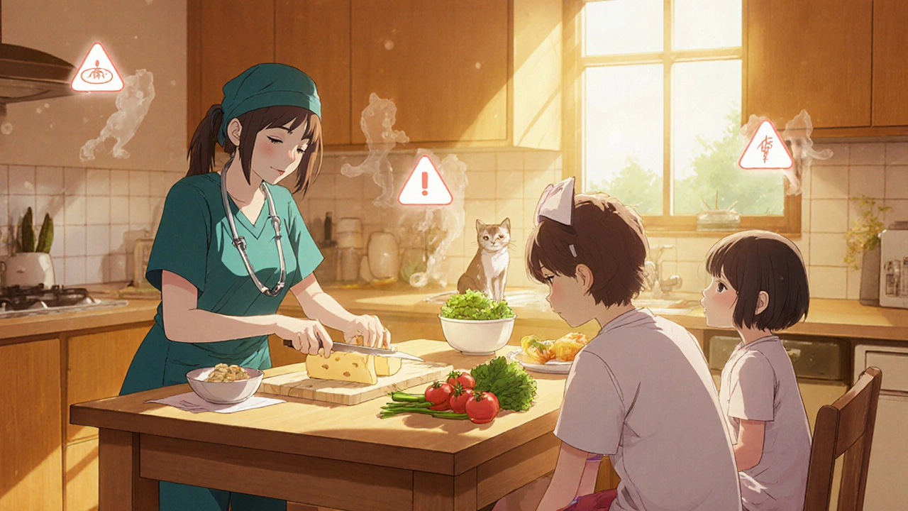 Family preparing safe food at home while a child gets a flu shot.