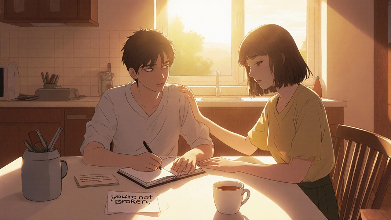 Family supports someone journaling at sunrise, warm light and tea conveying healing and understanding.