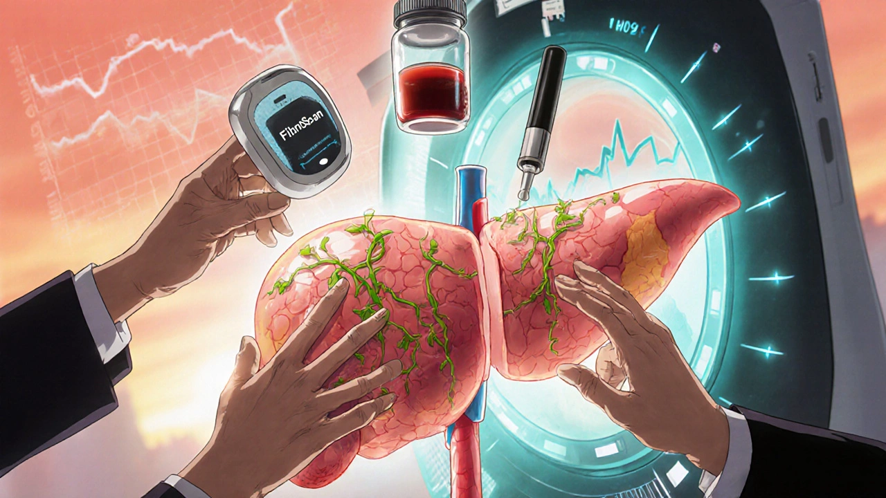FibroScan, blood vial, and MRI machine hovering above a healing liver, symbolizing combined diagnostic hope and recovery.