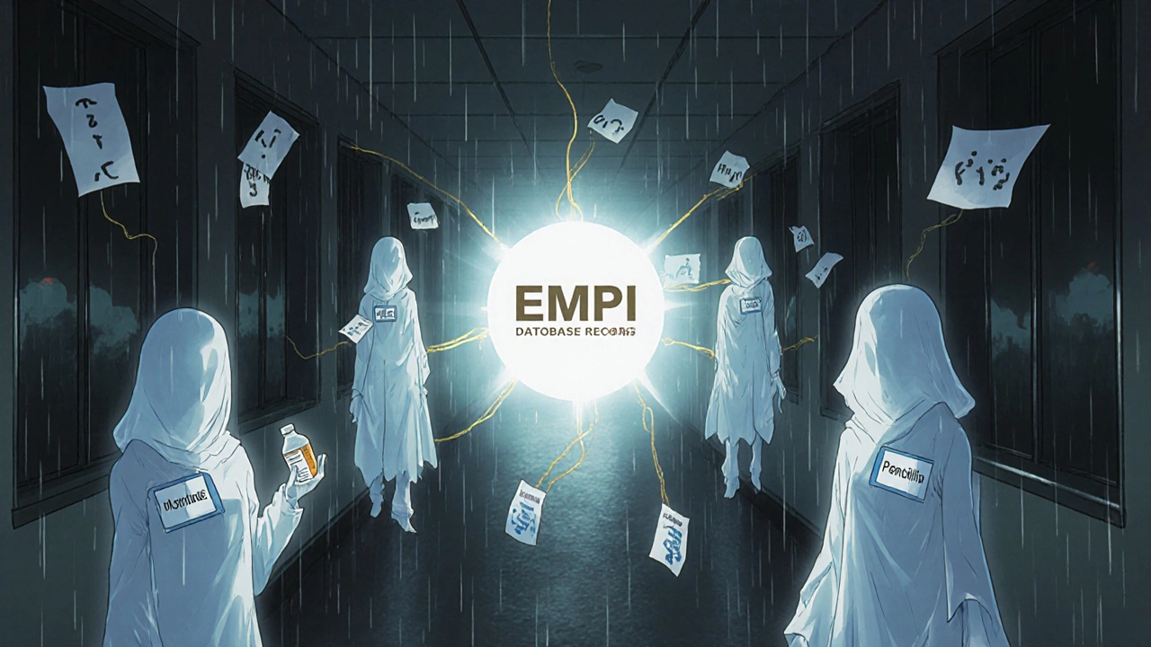 Ghostly patient figures floating in a hospital hallway, connected by glowing EMPI system threads.