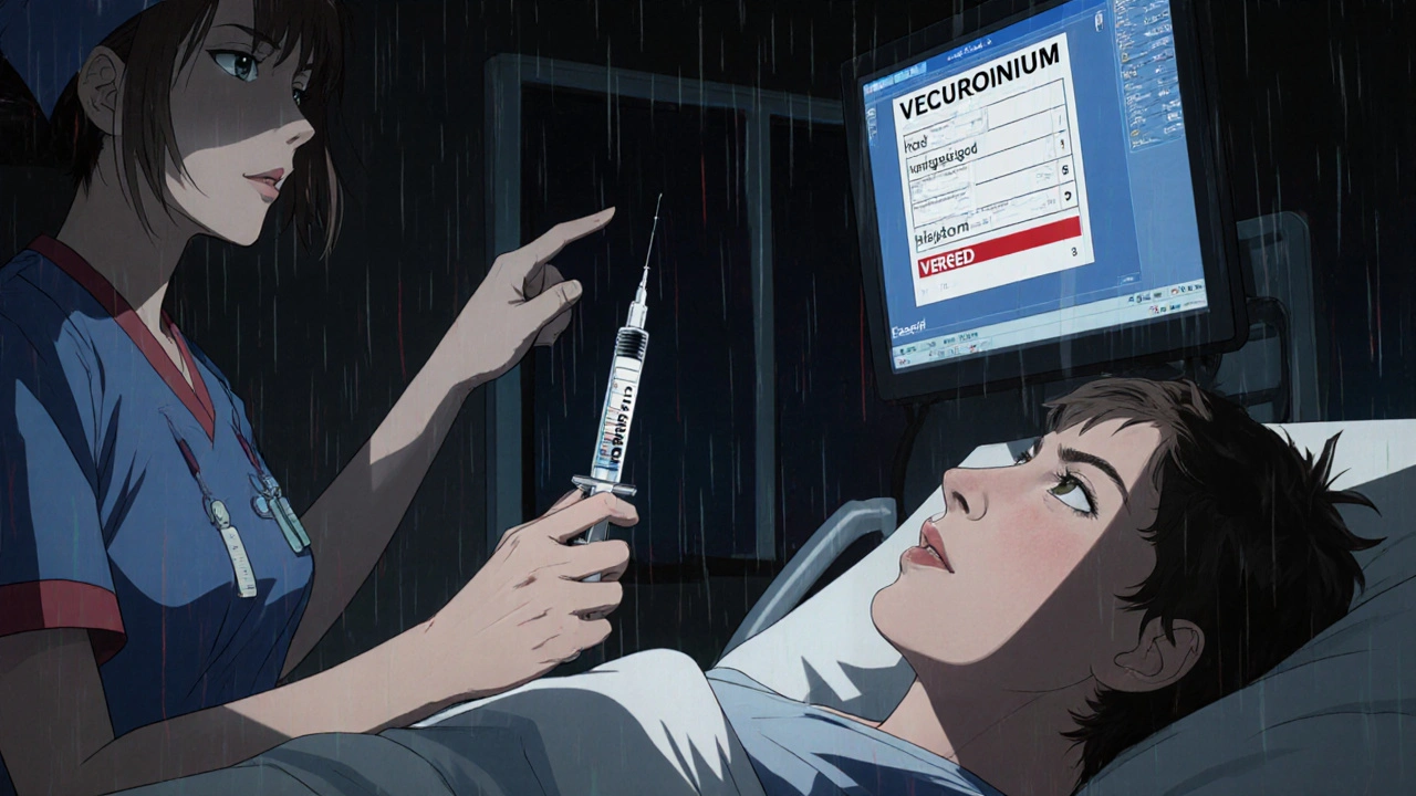 ICU patient awake but paralyzed as nurse administers wrong drug, monitor displays mislabeled medication, intense emotional scene.