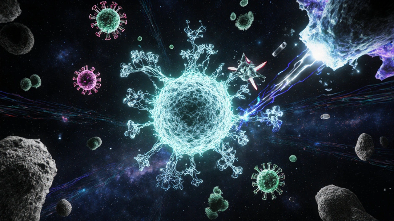 Internal view of immune system under attack by viruses, protected by medical molecules.