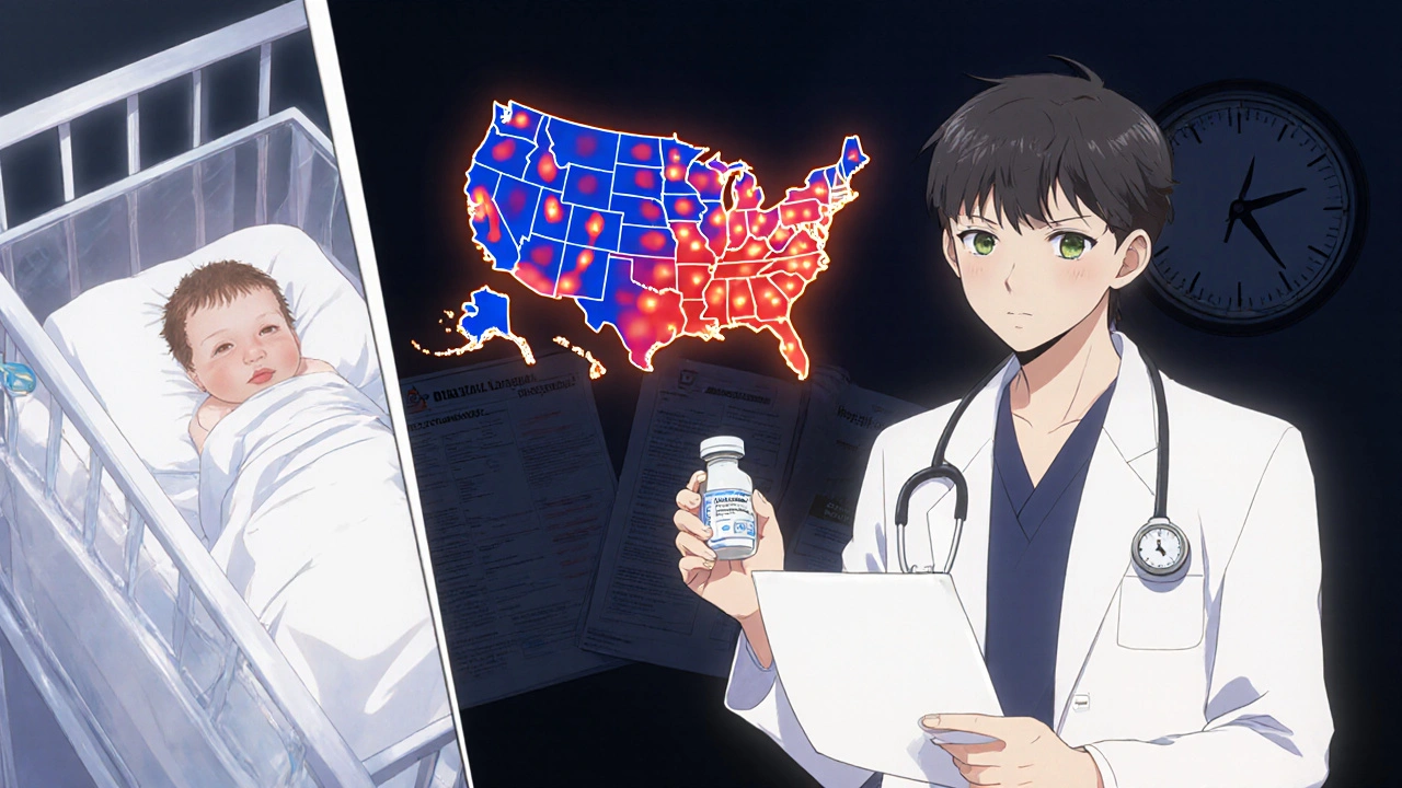 Newborn on erythromycin vs. pediatrician holding azithromycin, with U.S. resistance map between them.