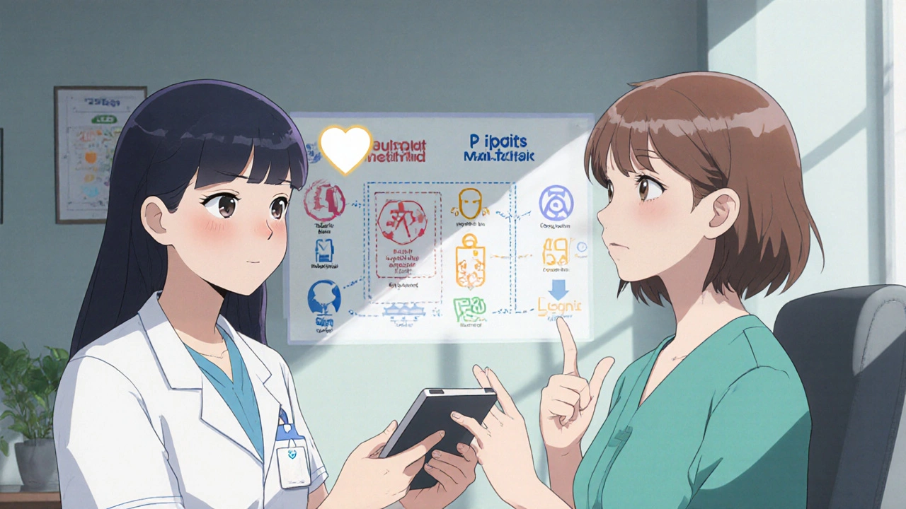 Nurse and bilingual health worker show a visual medication guide to a non-English-speaking patient.