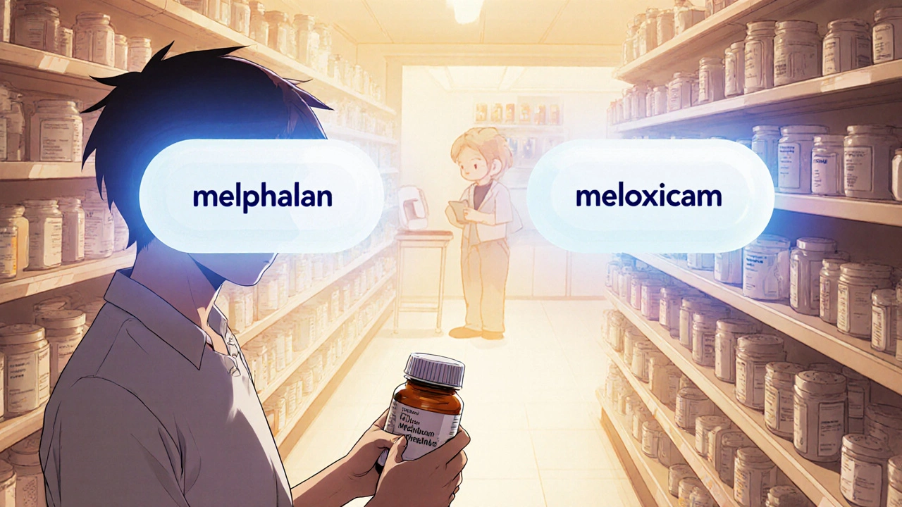 Patient holding pill bottle with ghostly overlay of similar-sounding drugs melphalan and meloxicam, pharmacist unaware in background.