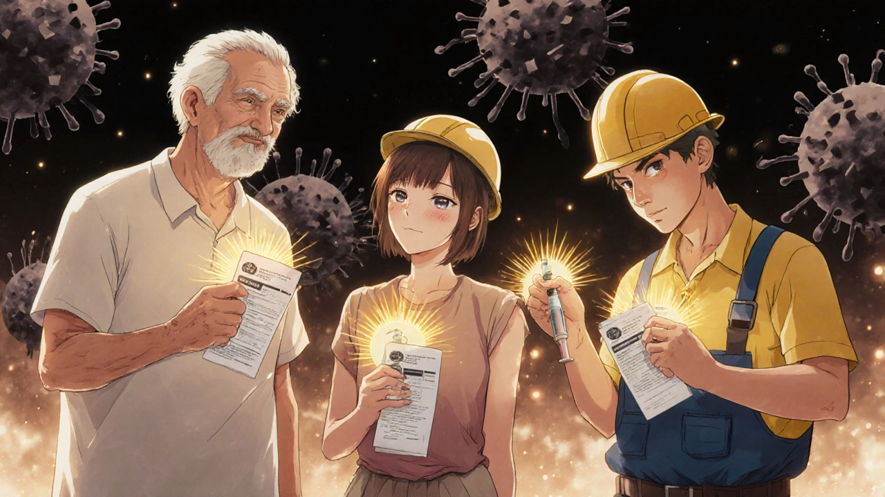 People receiving tetanus vaccines as golden light repels dark disease spores in the background.