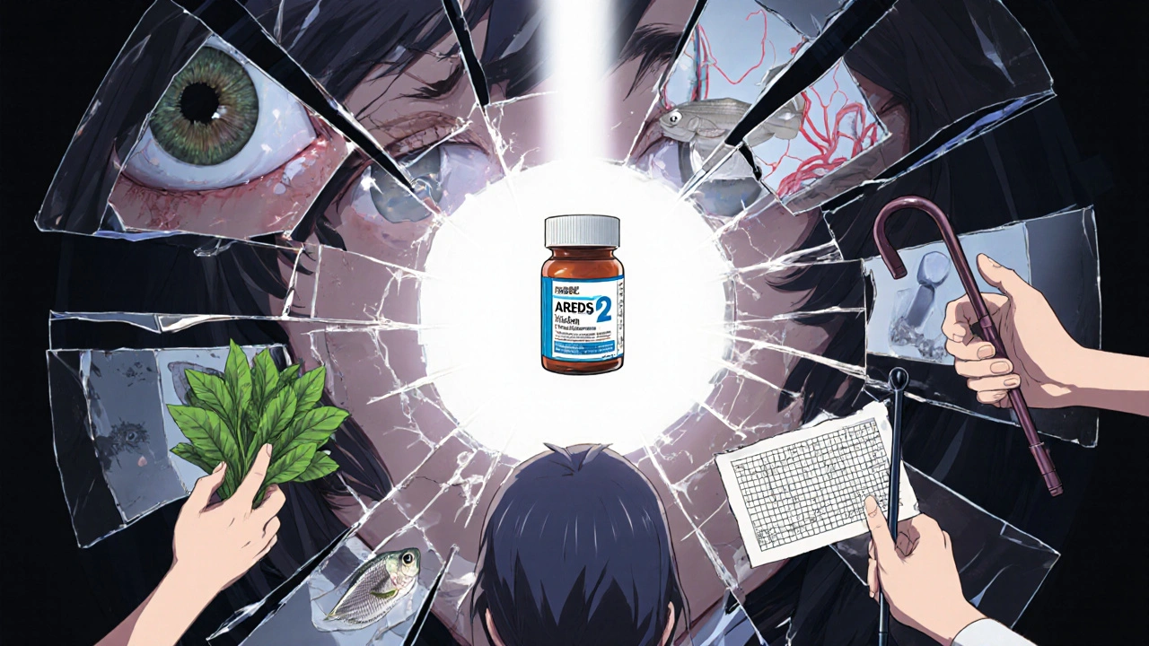 Person facing fragmented mirror of AMD stages, with light symbolizing treatment and hope.