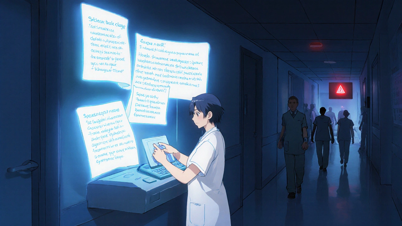 Provider triggers a digital communication script for a drug shortage, with animated patient guidance floating in a hospital hallway.