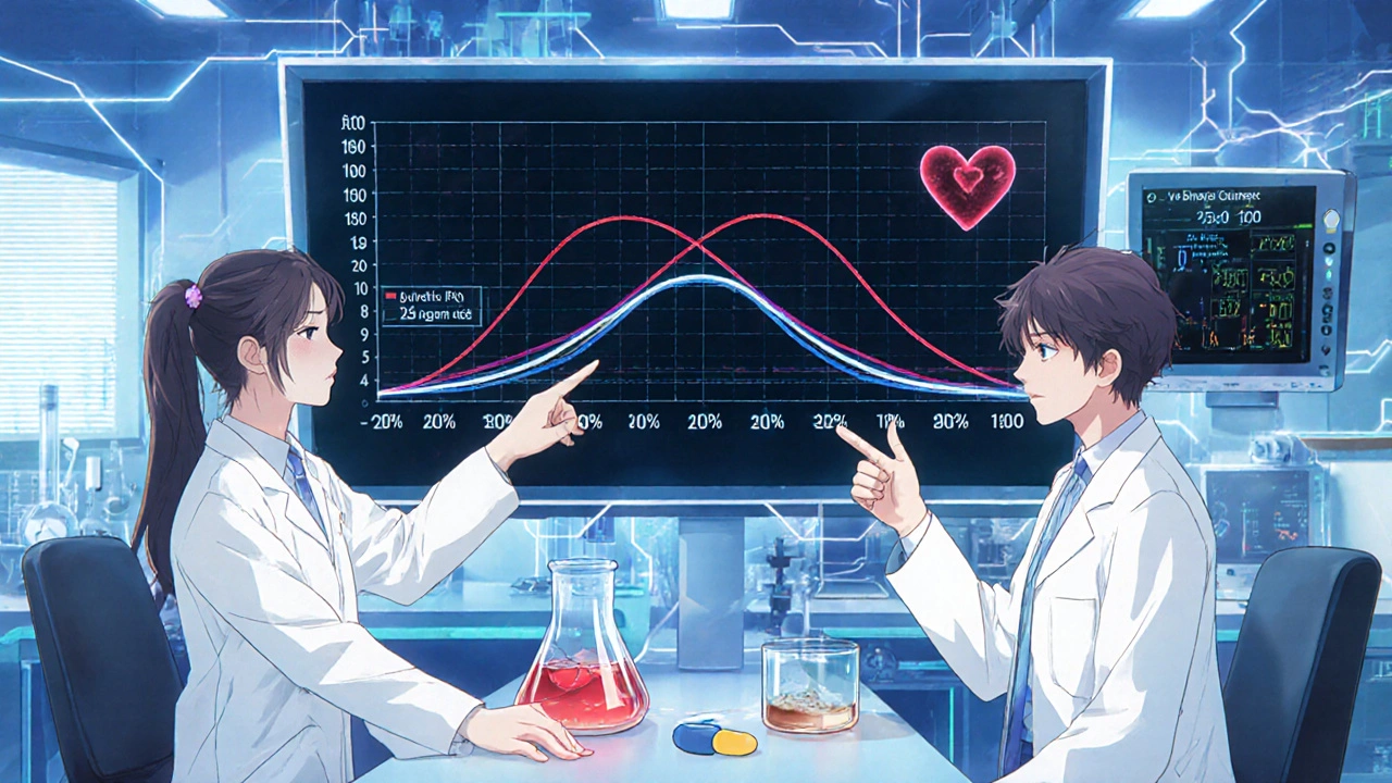 Scientists monitoring holographic blood concentration graphs in a clinical lab.