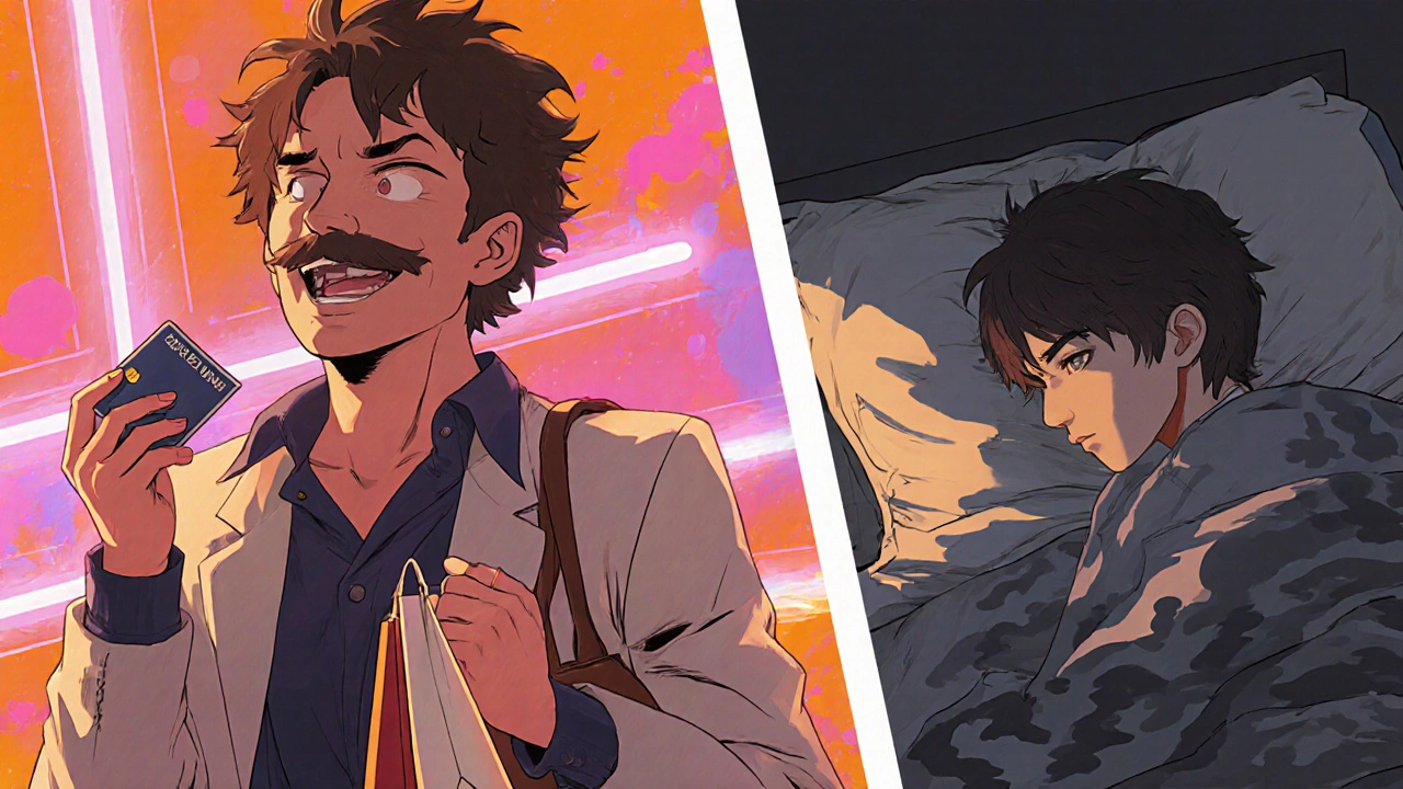 Split image: one side shows euphoric shopping, the other shows deep depression, symbolizing prednisone’s emotional swings.