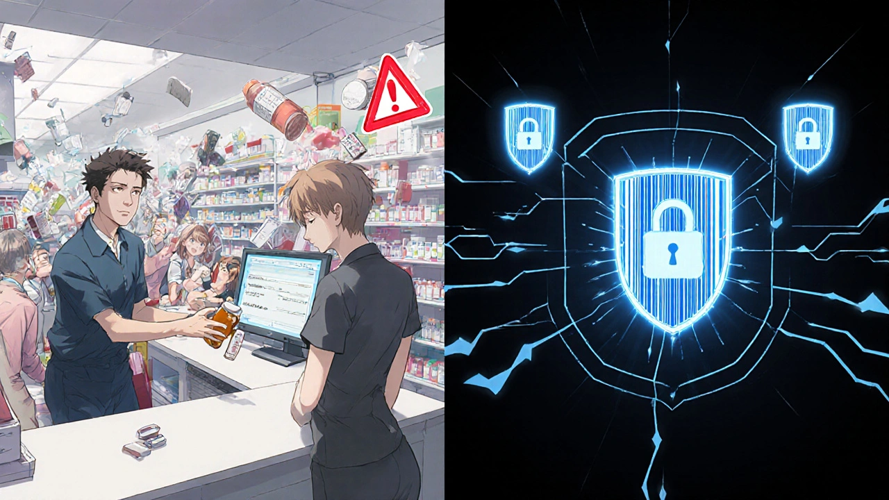 Split scene: chaotic medication error on one side, safe verification with barcode scan on the other.