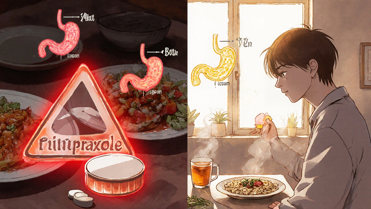 Split scene showing correct vs incorrect timing of heartburn medication with medical diagrams in background.