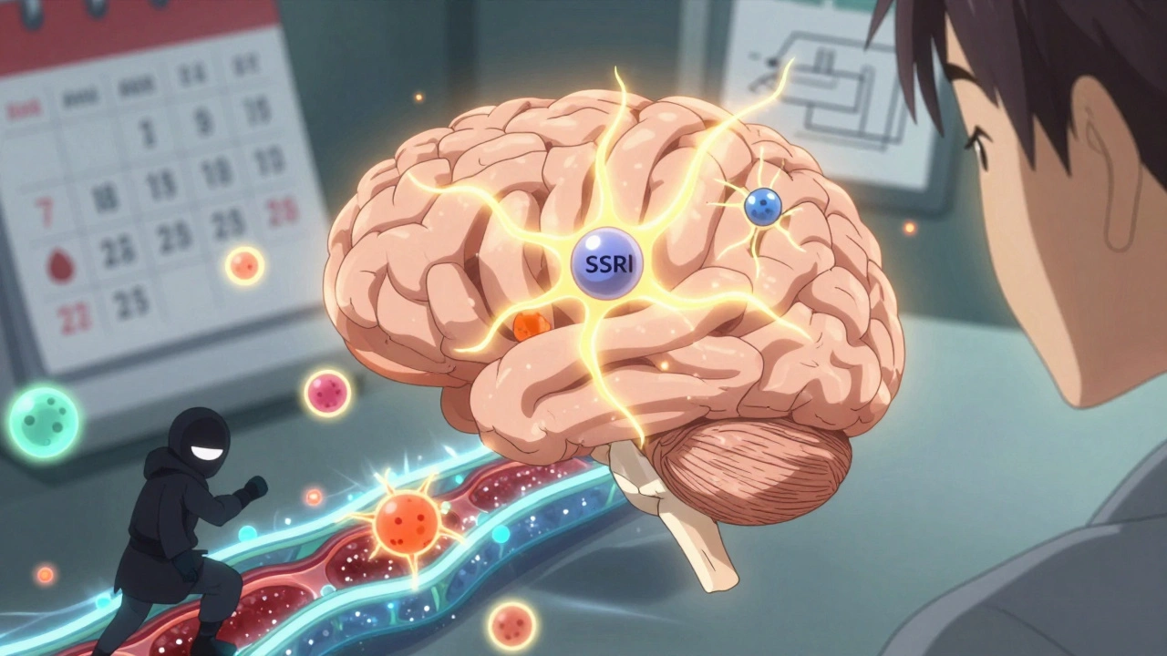 A brain with glowing neurotransmitters being affected by medication, showing side effects subtly.