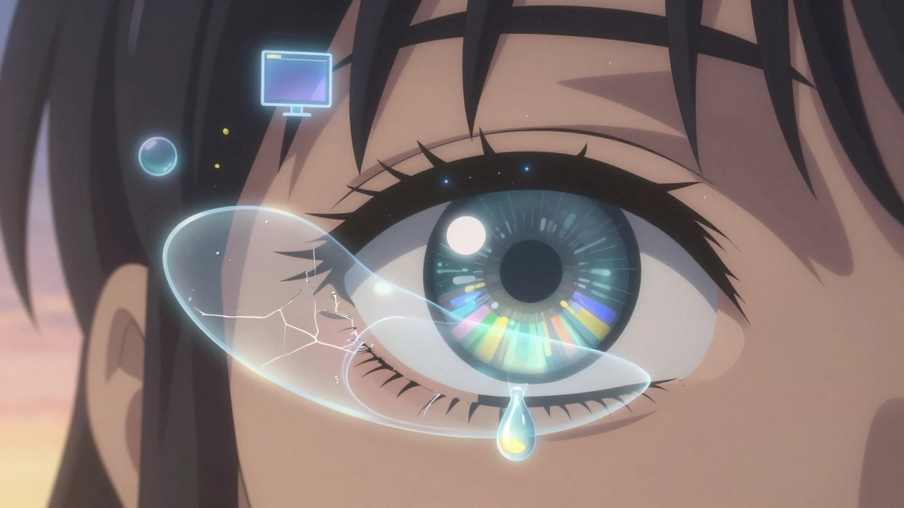 A detailed close-up of an eye with floating tear film layers and environmental triggers like pollen and a screen.