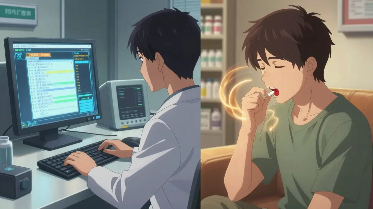 A doctor uses a computer system to prescribe medication while a patient experiences a gentle side effect aura.