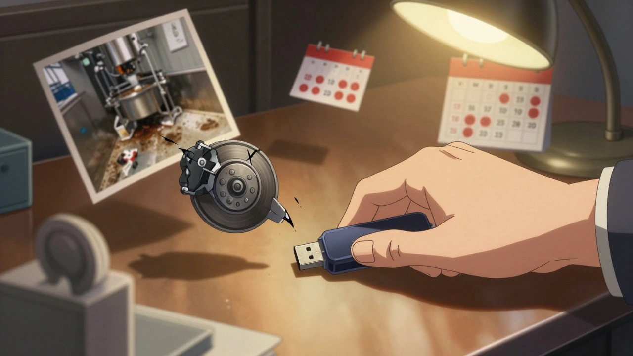A hand places a USB drive on a desk surrounded by digital evidence of safety violations.