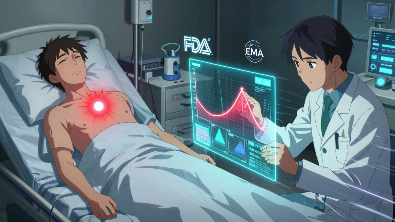 A patient collapsing as a technician analyzes a holographic pAUC graph, with FDA and EMA logos floating nearby.