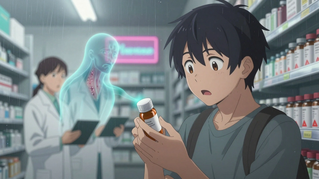 A patient in a pharmacy staring at a pill bottle as ghostly allergy symptoms emerge from it.