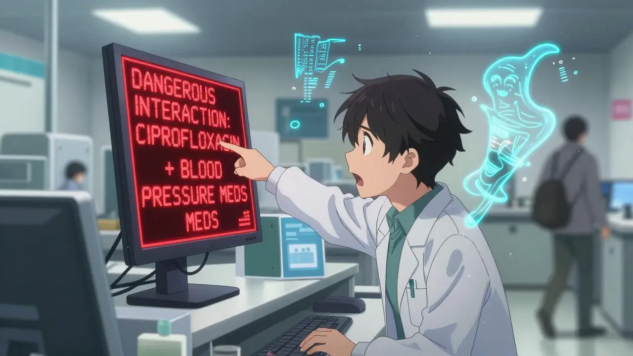 A pharmacist points at a digital alert showing a dangerous drug interaction with a shocked patient nearby.