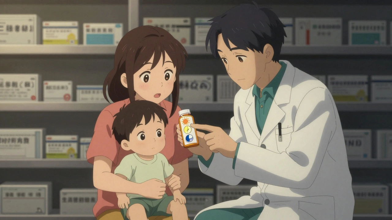 A pharmacist shows a mother clear pictogram labels for morning, noon, evening, and bedtime medication times.