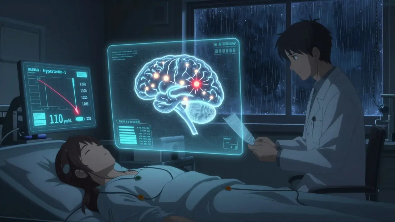 A sleep lab scene with neural holograms showing hypocretin neuron loss in the brain.