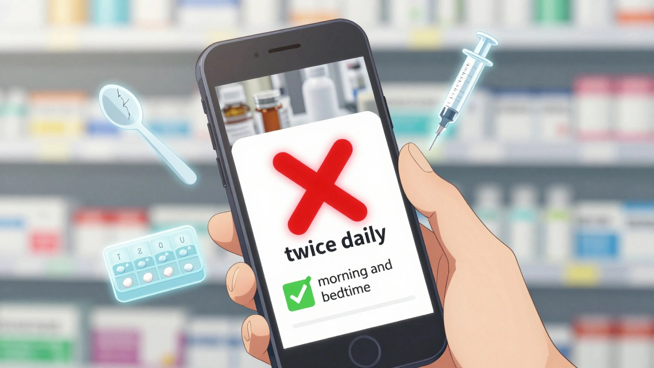 A smartphone displays a medicine label with &#039;twice daily&#039; crossed out and &#039;morning and bedtime&#039; checked, surrounded by safety icons.