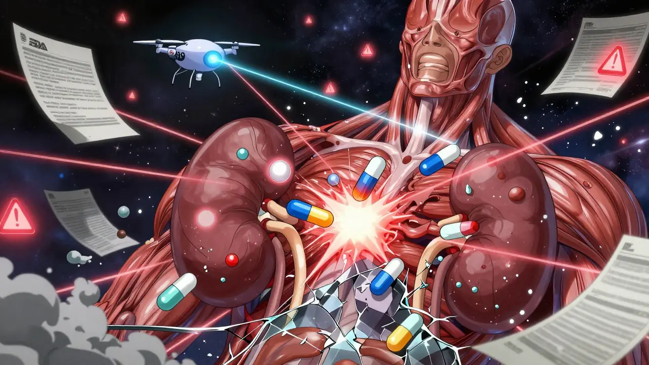 A surreal battle inside the human body between drugs and organs, with an AI drone monitoring the chaos.