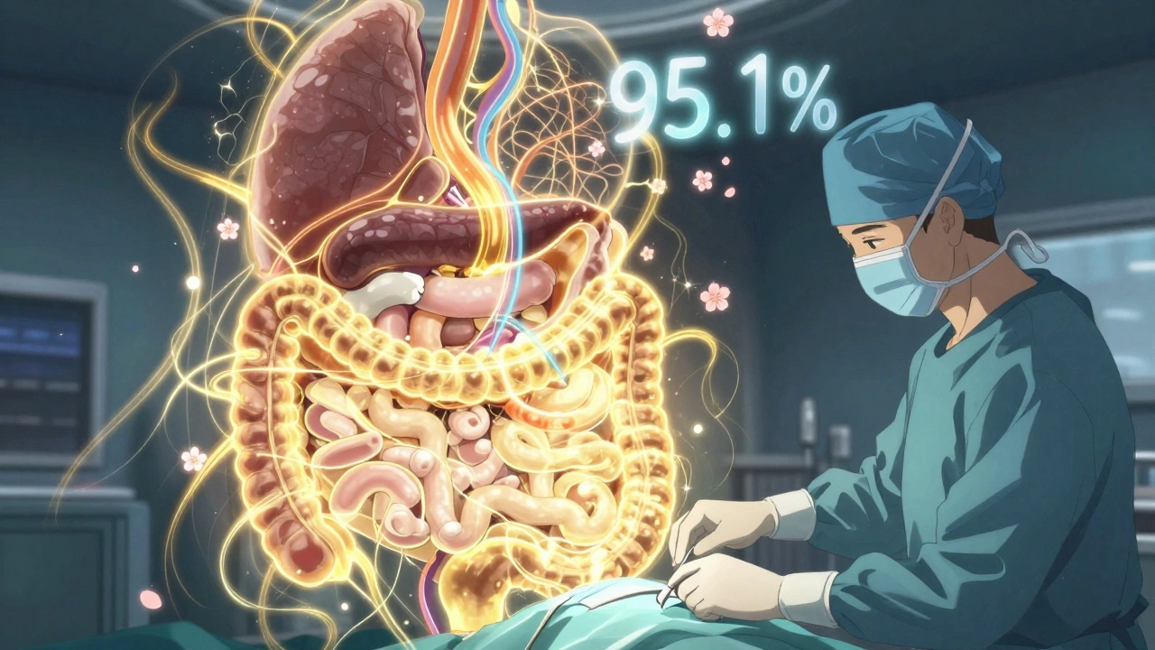An abstract anime depiction of metabolic surgery as glowing hormonal energy flowing between organs.
