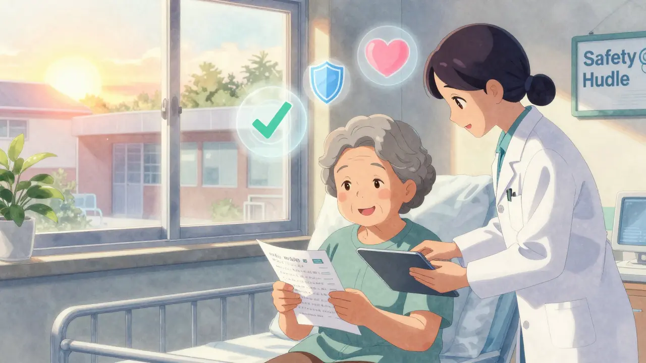 An elderly patient and medical staff reviewing a medication list together at dawn in a quiet room.