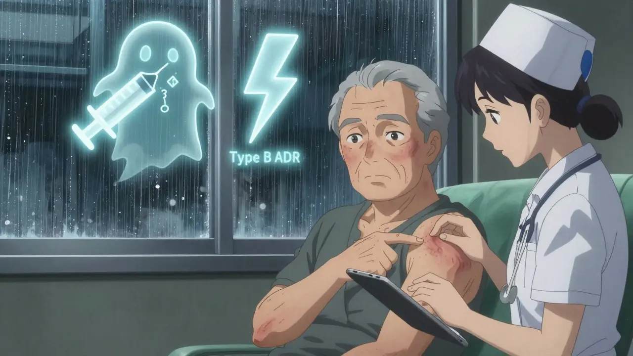 An elderly patient shows a rash to a nurse, with ghostly icons representing medication error and adverse reaction floating above.