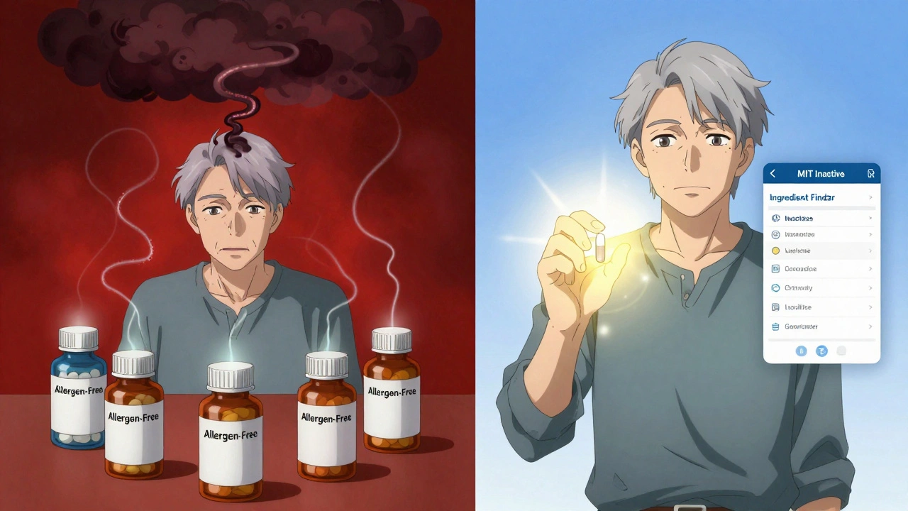 An elderly person surrounded by multiple pills with allergen trails, contrasted with one safe pill glowing brightly.