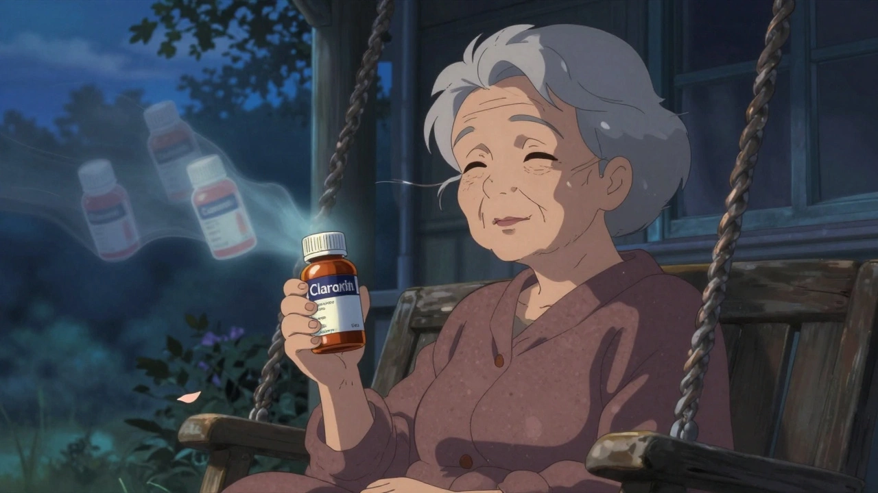 An elderly woman on a porch swing holding Claritin, with fading Benadryl ghosts behind her in twilight.