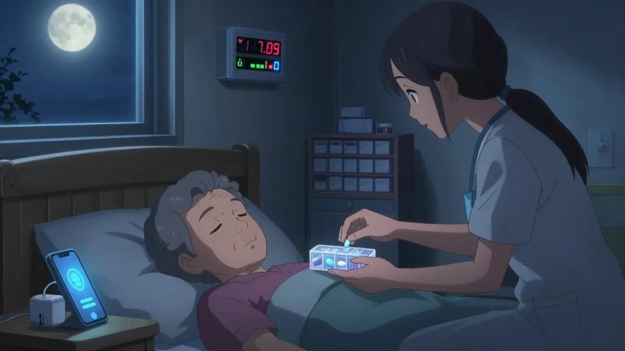 Caregiver placing pills into an alarm-equipped organizer beside a sleeping elderly person at night.