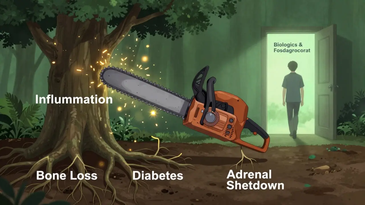 Chainsaw cutting inflammation tree as hidden damages break below, safe path ahead