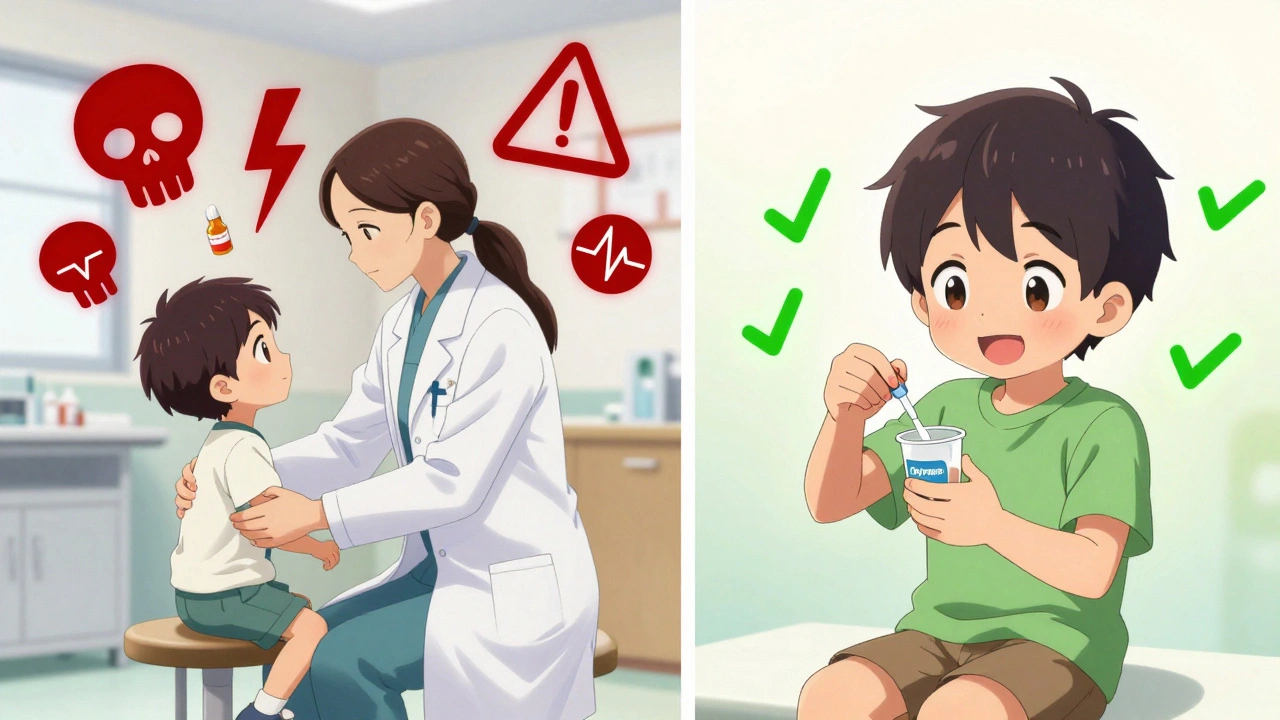 Child taking Zyrtec safely vs. warning symbols around Benadryl in a pediatric clinic split scene.