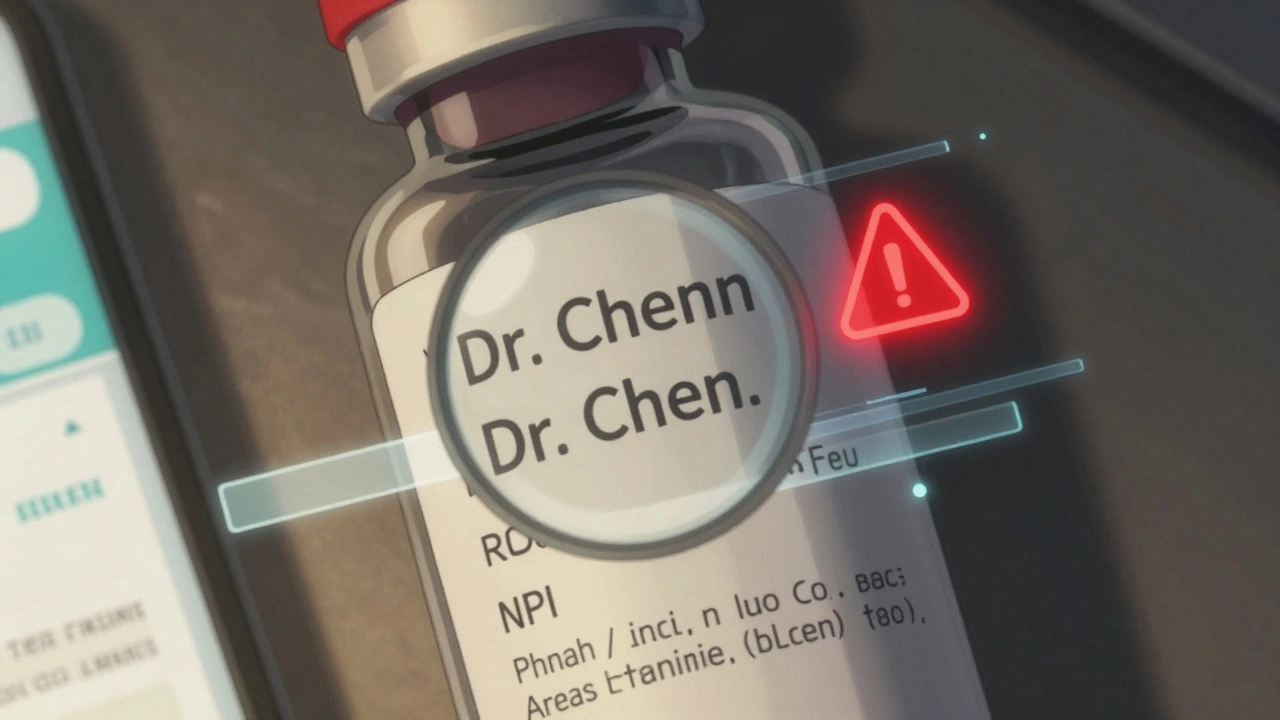 Close-up of prescription label with misspelled doctor&#039;s name and digital glitches.