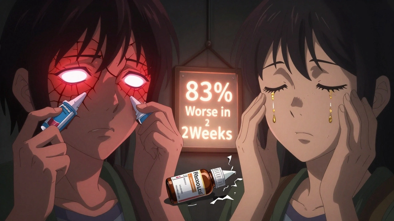 Contrasting scenes of harmful vs. healing eye drop use, showing rebound redness versus natural hydration.