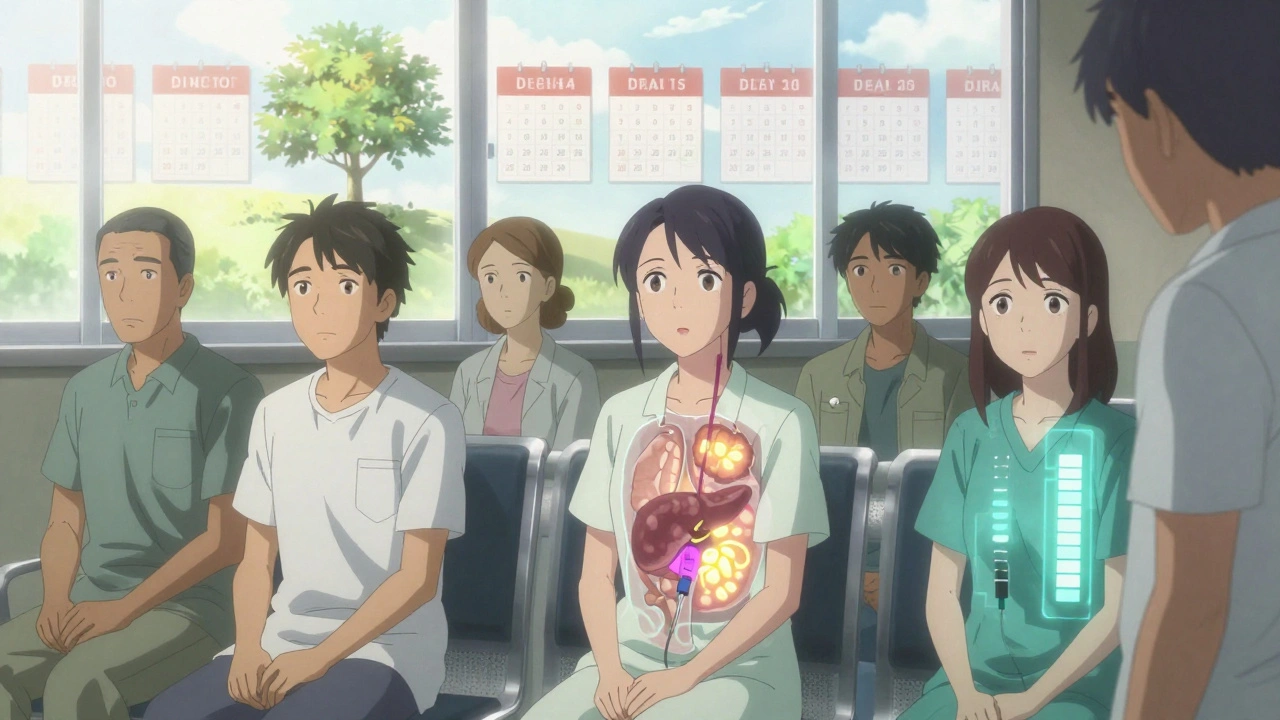 Diverse patients in a clinic with translucent health overlays, symbolizing long-term recovery and renewal.