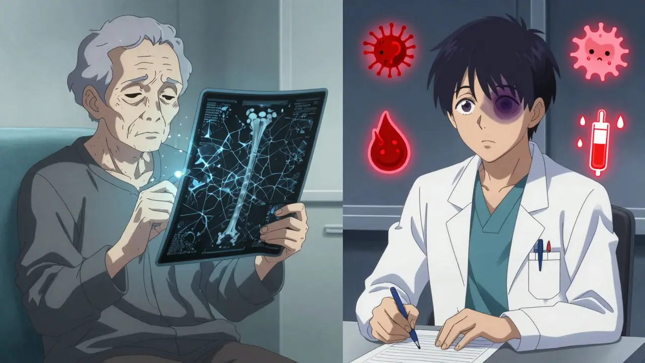 Elderly patient holding bone scan, doctor hesitating with health risks floating nearby