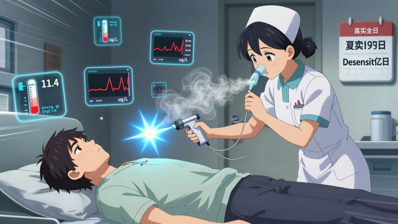 Emergency response during severe infusion reaction with epinephrine injection and diagnostic icons floating nearby.